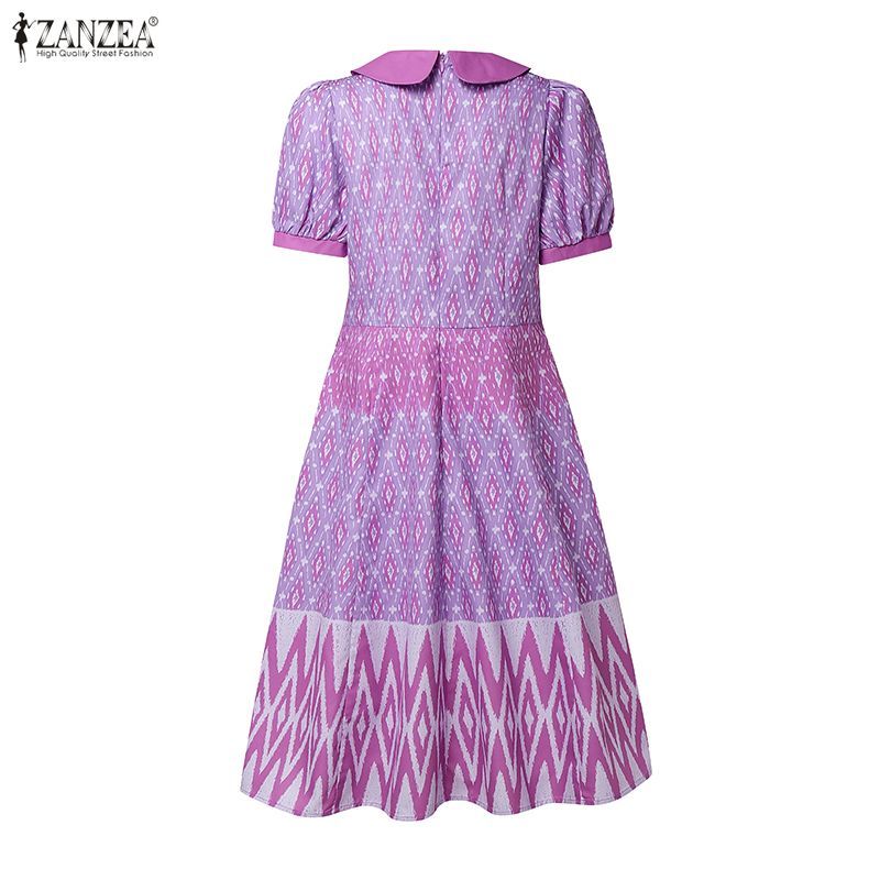 ZANZEA ผู้หญิงเกาหลีพัฟแขนเอว Patchwork ชาติพันธุ์พิมพ์ Bowknots ตกแต่งชุด — صورة 8