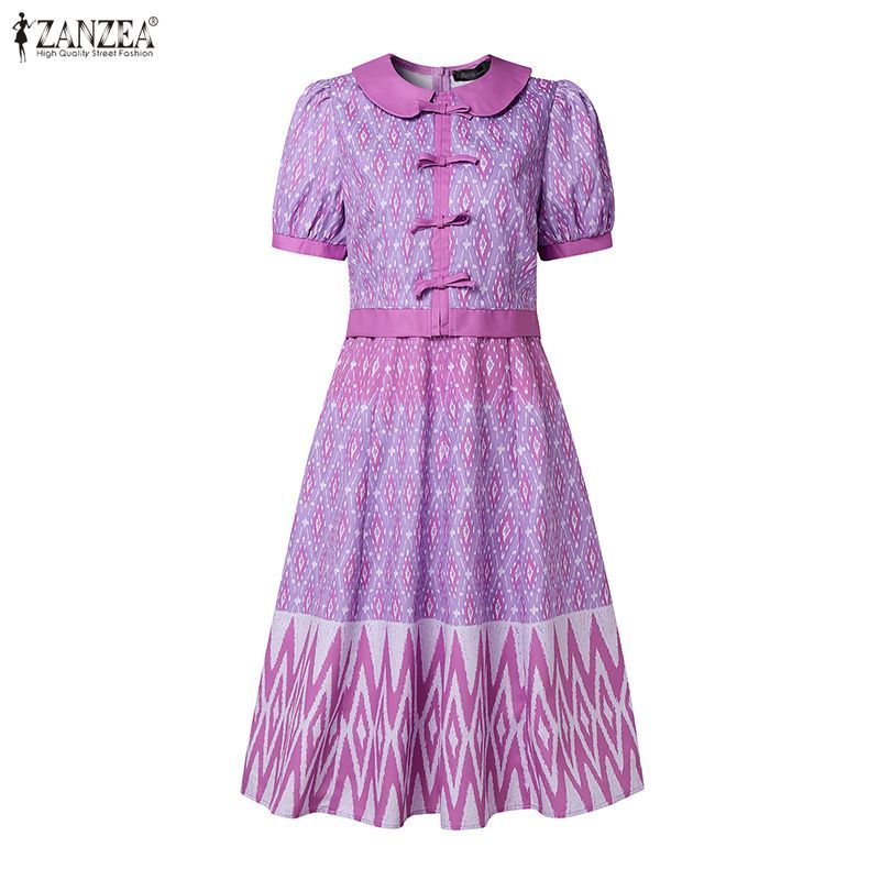 ZANZEA ผู้หญิงเกาหลีพัฟแขนเอว Patchwork ชาติพันธุ์พิมพ์ Bowknots ตกแต่งชุด — صورة 7