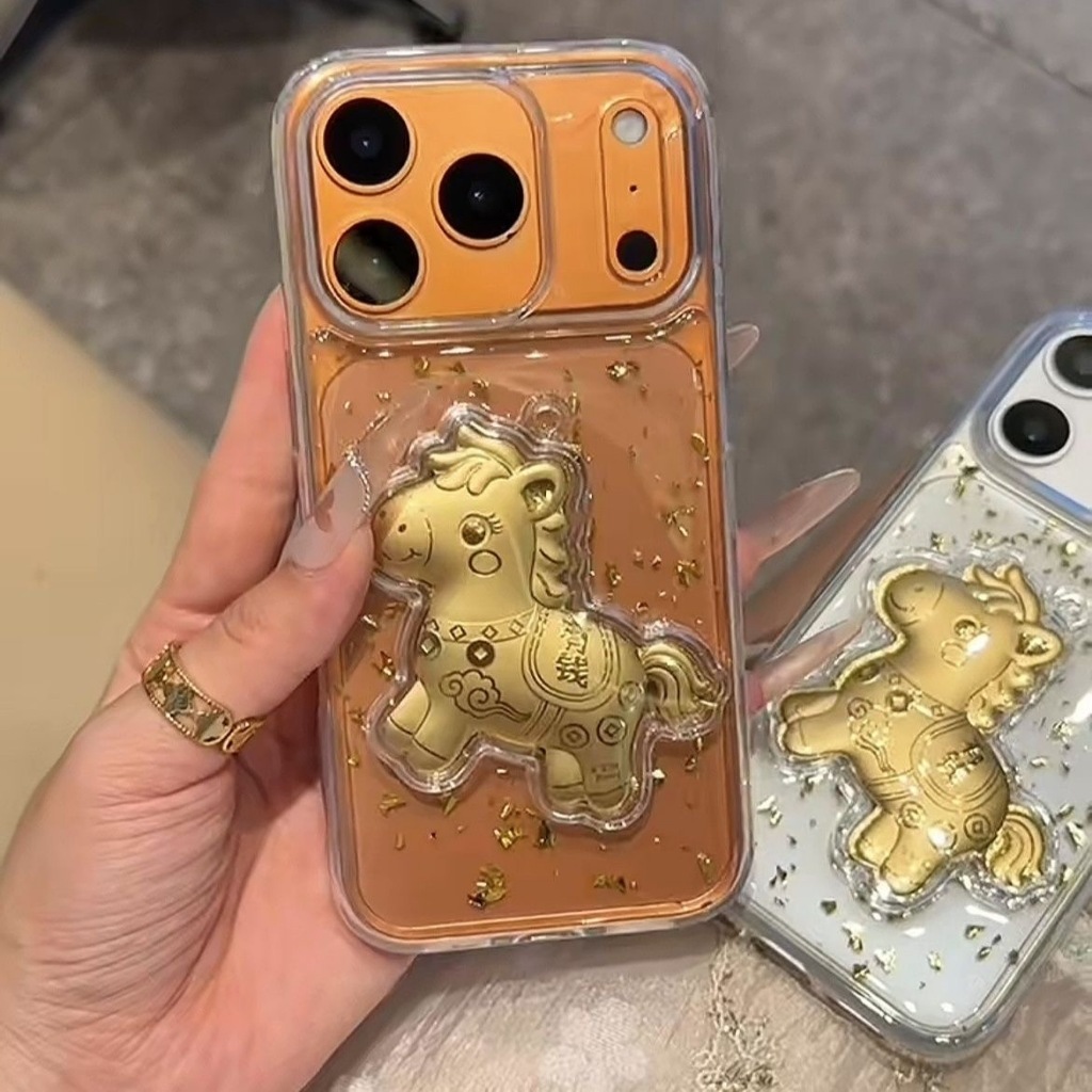วันตรุษจีน Fortune 3D ม้าอีพ็อกซี่ฟอยล์สีทองเคสโทรศัพท์เข้ากันได้สําหรับ 17Promax 17air 16ProMax 15 13 Pro Max 14 Pro 12 11 ขอให้โชคดีปีเสือปลอกกันกระแทก