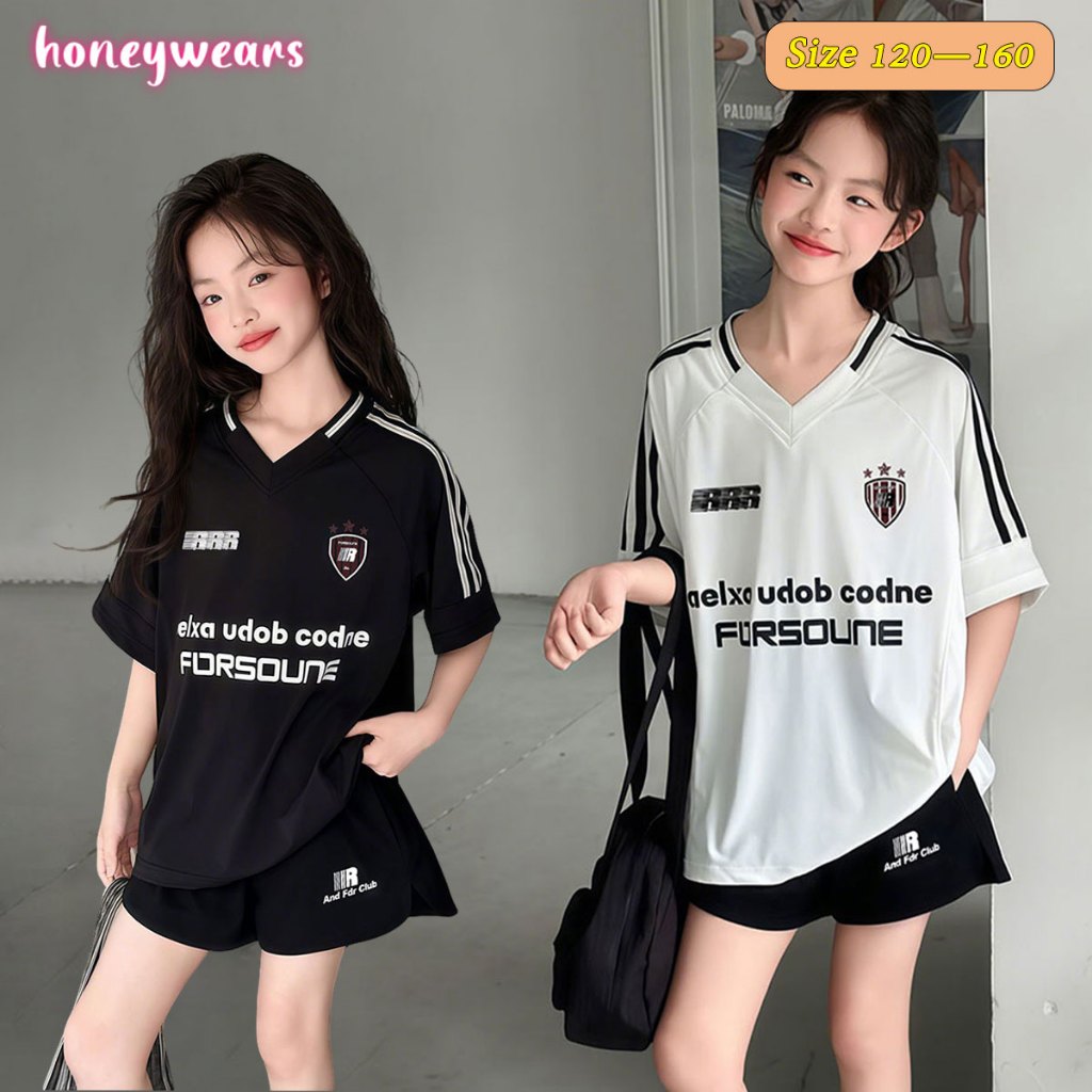 honeywears⚡พร้อมส่ง⚡ชุดเซ็ทเด็กแฟชั่น เสื้อแขนสั้นกางเกงขาสั้น ลำลองกีฬา 2ชิ้น อินเทรนด์เท่สุด ผ้านิ่ม ใส่สบายมาก เหมาะสำหรับเด็กหญิง ไซส์ 120-160