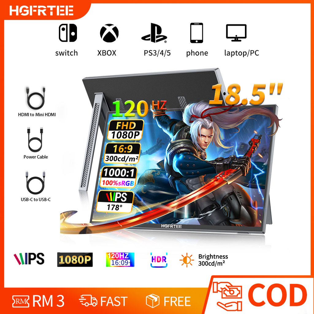 HGFRETEE 18.5 inch portable monitor 120Hz Gaming 100% sRGB Viewing แล็ปท็อปหน้าจอ Extender สําหรับสวิทช์/PS4/X-box