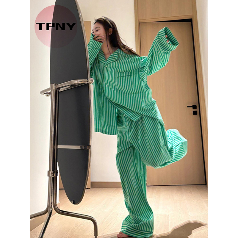 [TPNY]ชุดนอนแขนยาวลายทางสีเขียวสไตล์เกาหลีสำหรับผู้หญิง สไตล์ฤดูใบไม้ผลิและฤดูใบไม้ร่วง ปี 2026