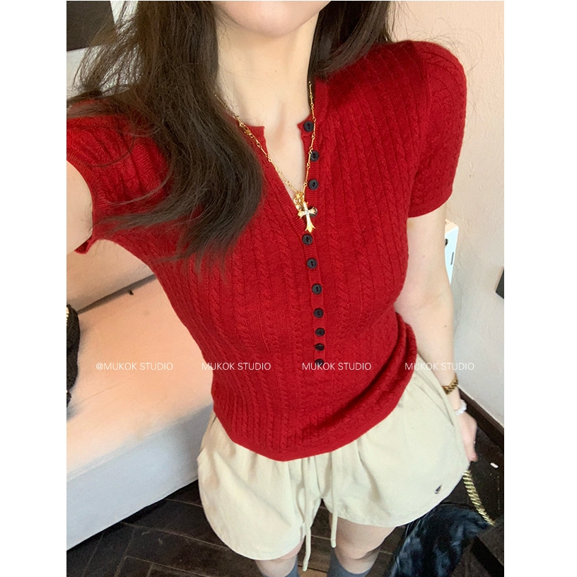 89524 ปุ่มออกแบบสบาย บาง-พอดี แขนสั้นเสื้อถักผู้หญิง