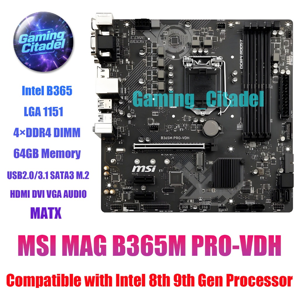 ใช้ MSI B365M PRO-VDH DDR4 MATX LGA 1151 Intel B360 ใช้งานร่วมกับ Intel 8th 9th โปรเซสเซอร์เมนบอร์ดพ