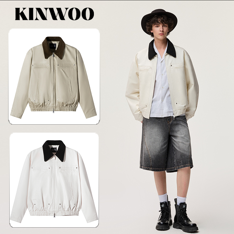 KINWOO 【ใหม่】แจ็กเก็ตสวย ดีไซน์ American Vintage ทรง Boxy กระเป๋า Cargo คอปก ใส่ได้ทั้งผู้ชายและผู้หญิง หลวม สบายการออกแบบใช้สีตัดกันอย่าง