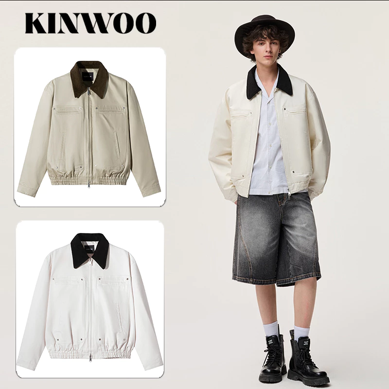 KINWOO 【ใหม่】แจ็กเก็ตสวย ดีไซน์ American Vintage ทรง Boxy กระเป๋า Cargo คอปก ใส่ได้ทั้งผู้ชายและผู้หญิง หลวม สบายการออกแบบใช้สีตัดกันอย่าง