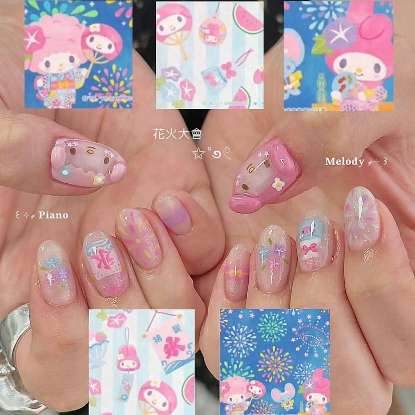 3d Pink Melody สวมเล็บสั้น ins แพทช์แต่งเล็บลูกกวาดธรรมชาติทาสีด้วยมือสีสันสดใส