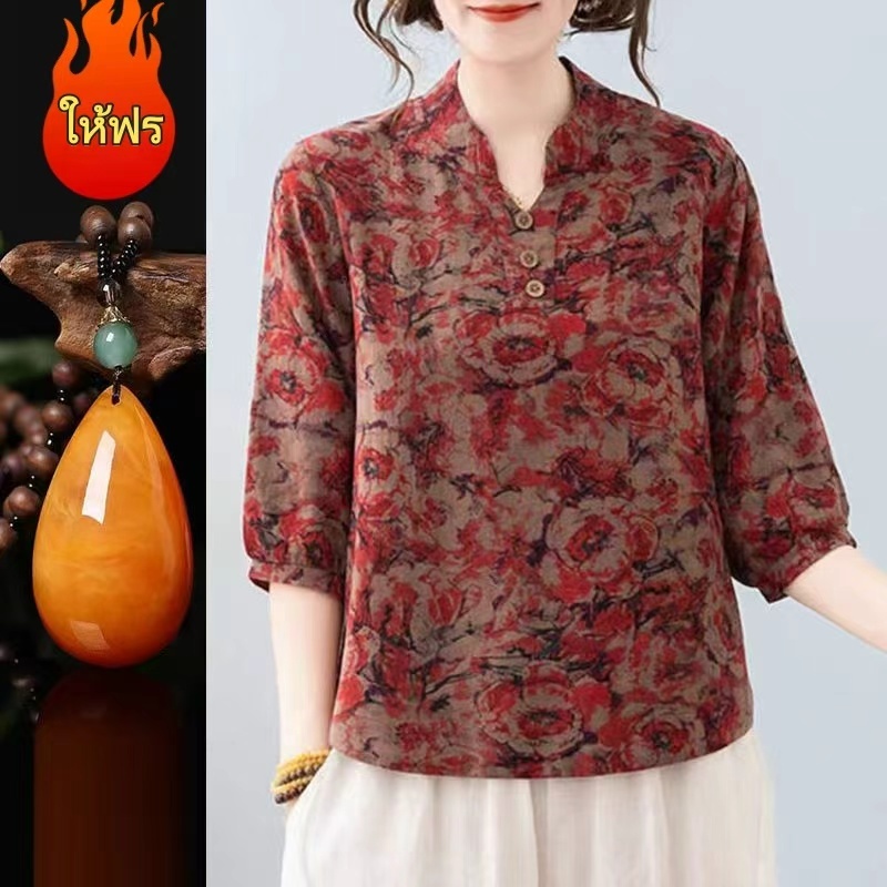 [พร้อมส่ง] แม่สวมเสื้อใหม่ผ้าฝ้ายและผ้าลินินสไตล์ชาติพันธุ์แขนสามส่วนหลวมและบางปกปิดเนื้อฤดูใบไม้ผลิและฤดูใบไม้ร่วงคอวีพิมพ์ลายสไตล์ตะวันตก