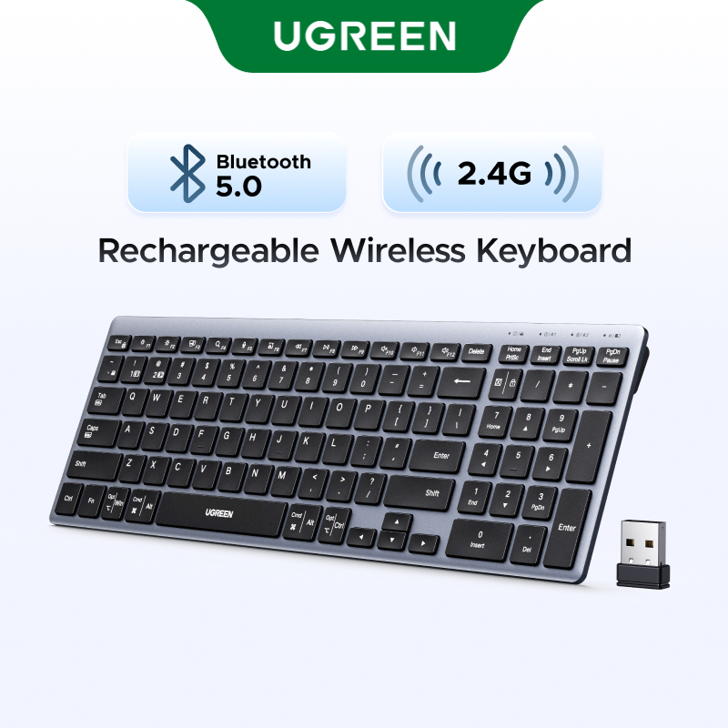UGREEN คีย์บอร์ดไร้สายแบบชาร์จไฟได้ 99 คีย์บลูทูธ 5.0 2.4G การออกแบบตามหลักสรีรศาสตร์เชื่อมต่อ 3 อุป