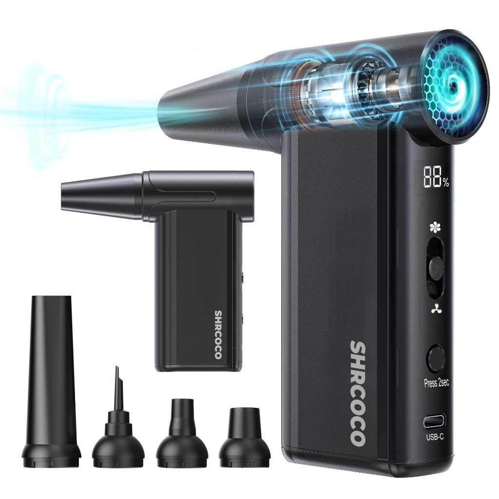 เครื่องเป่าลมไร้สายพลังสูง 110,000 RPM | พกพาสะดวก พร้อมหัวฉีด 5 แบบ | สำหรับทำความสะอาดบ้าน รถยนต์ และสวน