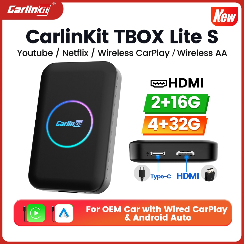 Carlinkit Wireless CarPlay & Android อะแดปเตอร์อัตโนมัติปลดล็อคการขับขี่อัจฉริยะพร้อมปลั๊กแอนด์เพลย์พร้อม HDMI พร้อม Toutube 2+16G T Box Lite s