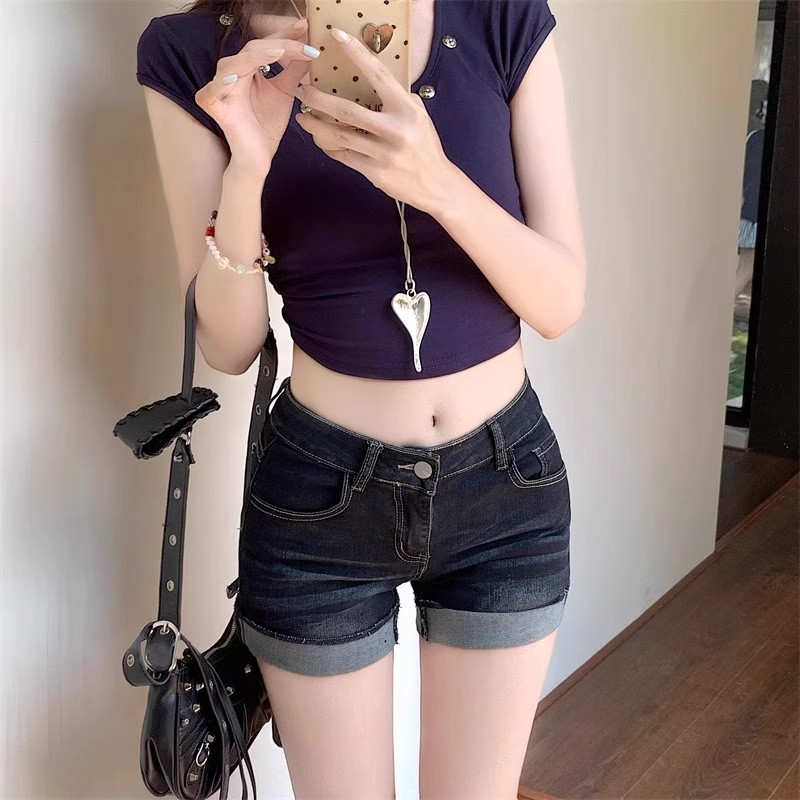 Hot Girl Retro Dark Blue Roll-Hem กางเกงยีนส์ขาสั้นผู้หญิงทรงสลิมฟิต