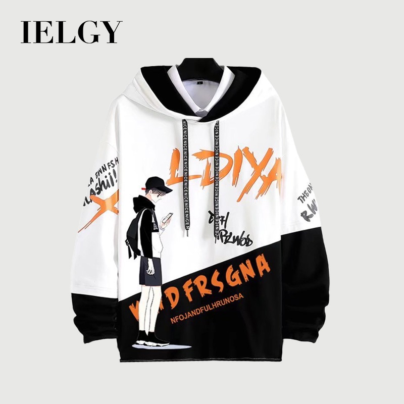IELGY เสื้อกันหนาว มีฮู้ด พิมพ์ลาย ทรงหลวม แฟชั่นสไตล์เกาหลี ฮิปฮอป สําหรับผู้ชา