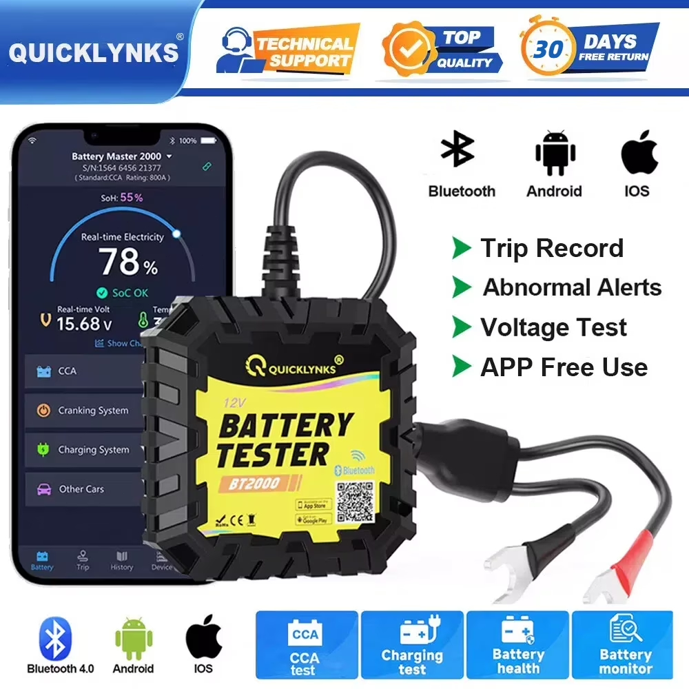 QUICKLYNKS BT2000 บลูทูธ 12V เครื่องทดสอบแบตเตอรี่ วัดค่าCCA ดูค่า soh เช็คแบตเตอรี่ด้วยมือถือ สำหรับรถยนต์ มอเตอร์ไซค์