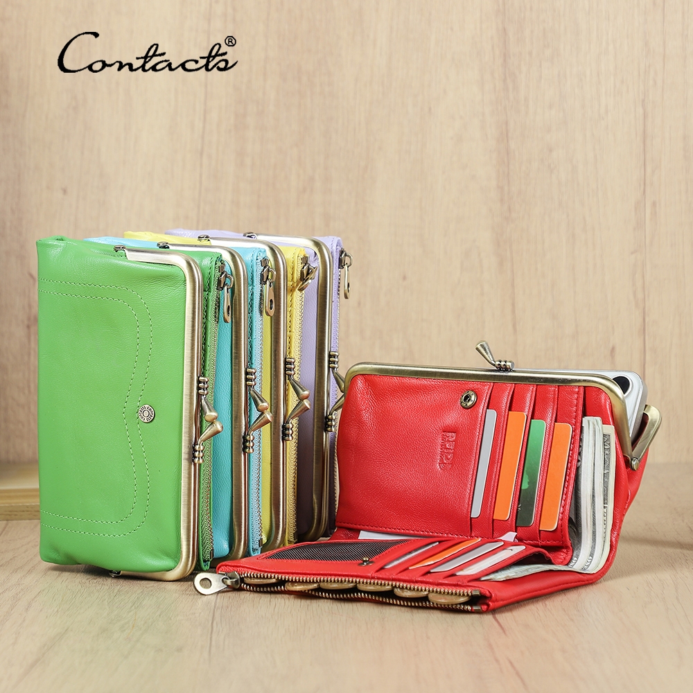 CONTACT'S กระเป๋าสตางค์หนังแท้แบบยาว Kisslock สำหรับผู้หญิง กรอบโลหะ กระเป๋าถือผ