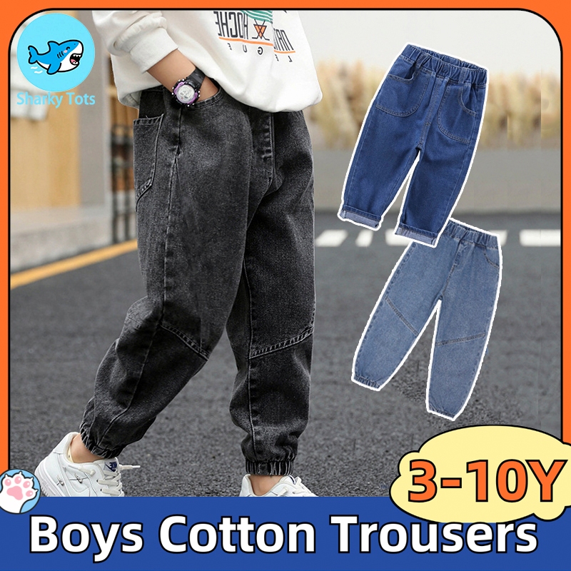 【BKK Delivery】กางเกงยีนส์เด็กผู้ชาย อายุ 3-10 ปี ผ้าฝ้ายนิ่ม สีเรียบ ใส่สบาย เหมาะสำหรับฤดูหนาวและใบไม้ร่วง