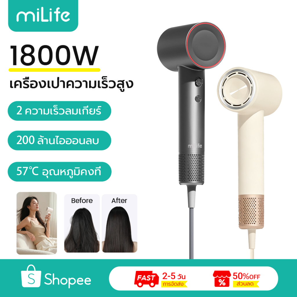 MiLife ไดร์เป่าผม M01 การดูแลไอออนลบ อุณหภูมิ 57 องศาเซลเซียส Hair Dryer ไดร์ผม เครื่องเป่าความเร็วสูง