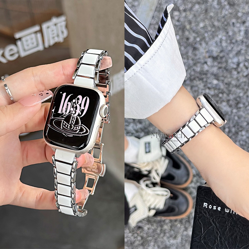 หรูหราสแตนเลสเซรามิคสายโลหะสําหรับ ฉันดู ชุด พิเศษ iwatch Series 11 10 42 มม.46 มม.9 8 7 41 มม.45 มม.6 กับ 5 4 3 40 มม.44 มม.38 มม.ผีเสื้อหัวเข็มขัดออกแบบธุรกิจสายรัดข้อมือคู