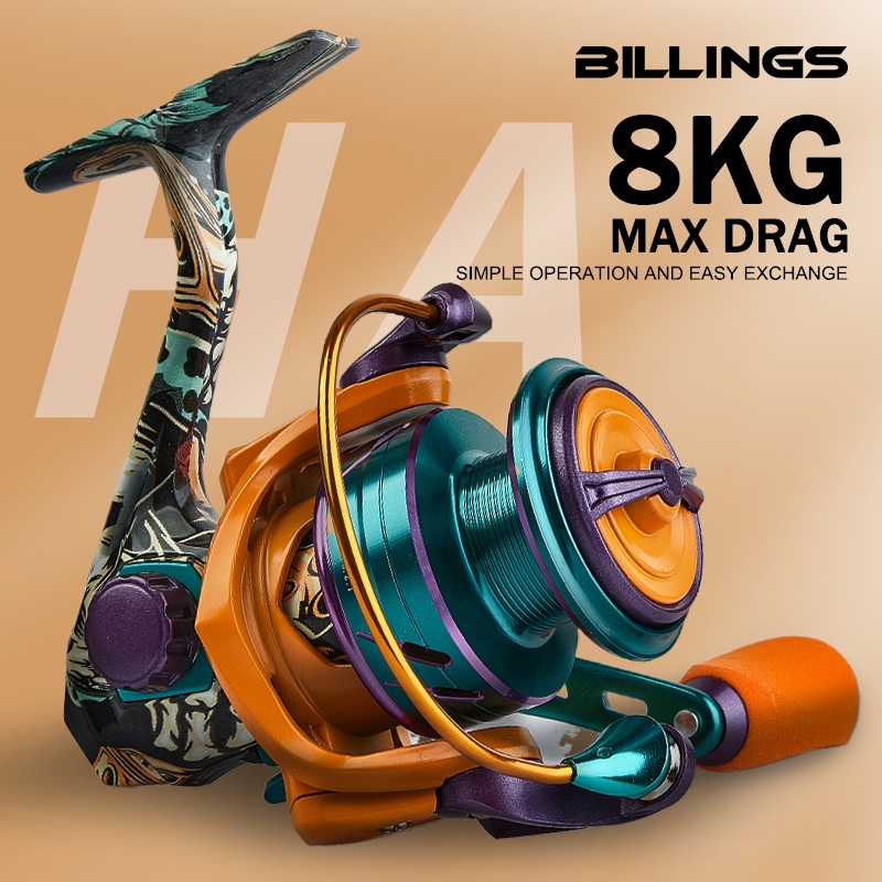 BILLINGS HA1000-6000 Series รอกหมุน, พร้อมระบบเกียร์ 5.2:1, รอกโลหะ และโรคเกอร์, วงแหวนสายขนาดใหญ่, การจับ EVA, สำหรับการตกปลาน้ำเค็มและน้ำจืด, ทนทาน