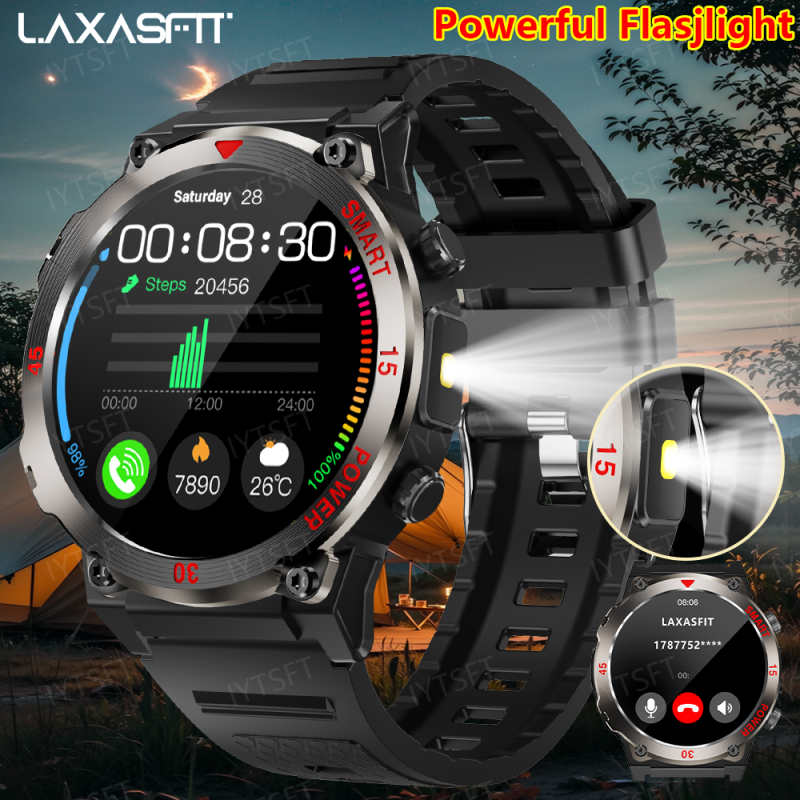 2026 ใหม่ทหาร Smartwatch สําหรับชาย 360*360 หน้าจอ HD นาฬิกาออกกําลังกายไฟฉาย LED กีฬา Smartwatch สํ