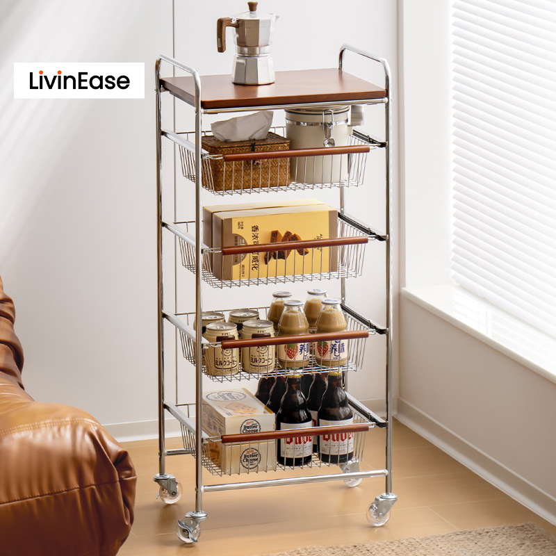 LivinEase รถเข็นในครัวเคลื่อนที่ ตะกร้าเอาออกได้ ล้อเลื่อน สำหรับจัดเก็บห้องอาหารและห้องน้ำ