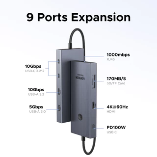 UGREEN 9-in-1 USB-C Hub HDMI 4K60Hz 5/10Gbps USB-C 3.2 USB-A 3.2 USB-A 3.0 RJ45 SD TF PD100W สําหรับ MacBook Dell HP แล็ปท็อปอุปกรณ์เสริม Docking