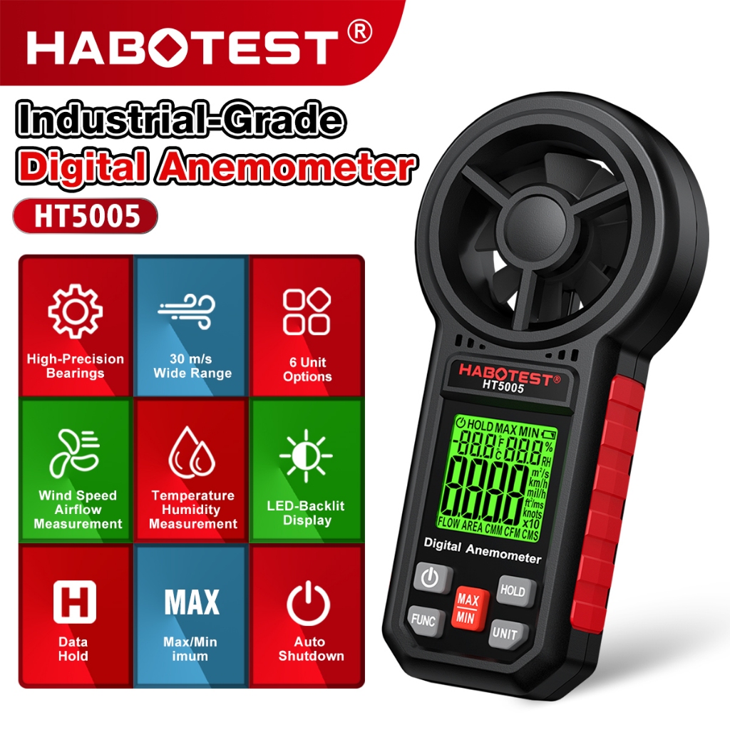 HABOTEST HT5005 เครื่องวัดความเร็วลมแบบดิจิตอล 0.7 ถึง 30 ม./ส เครื่องวัดอุณหภูมิกระแสลมปิดอัตโนมัติ