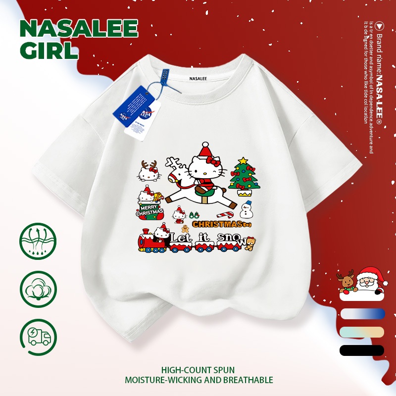 NASA ကလေးတီရှပ် အနီရောင် Hello Kitty ခရစ္စမတ်ပွဲတော် လက်ပတ် (အသက် 3-16 နှစ်) ချည်သား လေဝင်လေထွက်ကောင်း လျော့လျော့ချောင်ချောင်