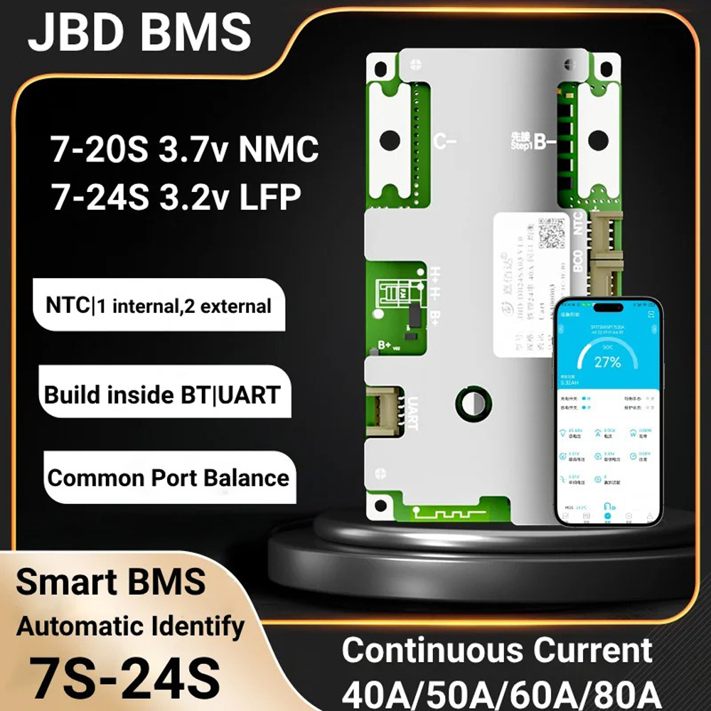 JiaBaiDa สมาร์ท BMS 7S 8S 24V 10S 12S 36V 13S 14S 16S 48V 20S 24S Li-ion LiFePo4 JBD Bms Balance BT