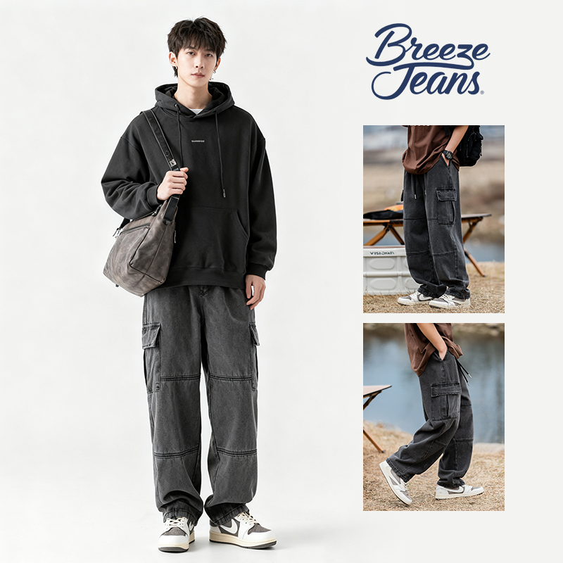 Breeze Jeans  กางเกงยีนส์ผู้ชาย 2025 ทรงหลวม ทรงตรง Fall Well สไตล์ American Vintage ใส่สบาย กระเป๋า Cargo มินิมอล ยีนส์ขากว้าง