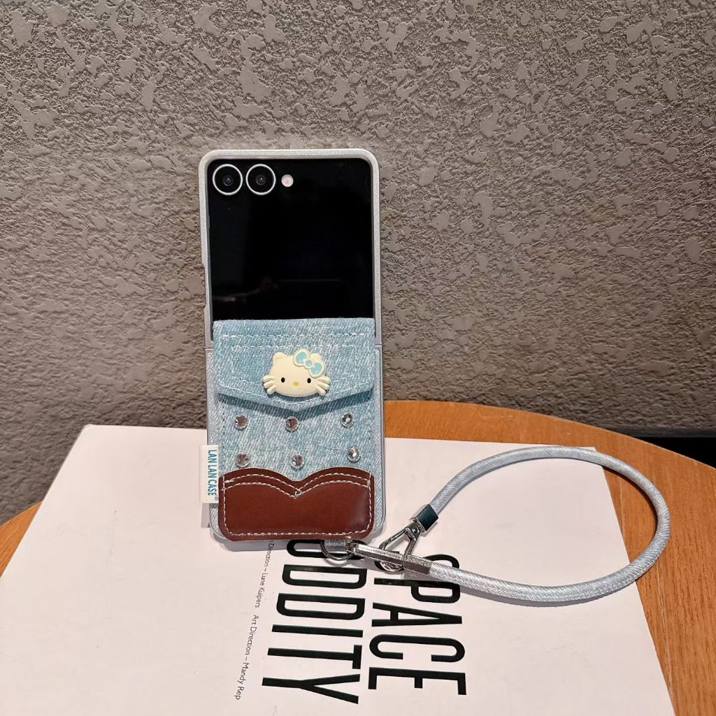 เวอร์ชั่นเกาหลี Silver Shell Denim Flash Diamond KT Card Holder สายคล้องมือ Samsung ZFlip34567FE7 เค