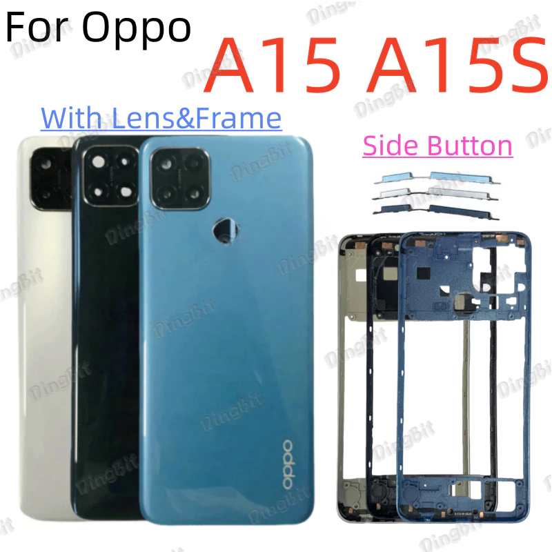 สําหรับ OPPO A15 A15S ฝาหลังแบตเตอรี่พร้อมเลนส์กล้องพร้อมกรอบกลาง