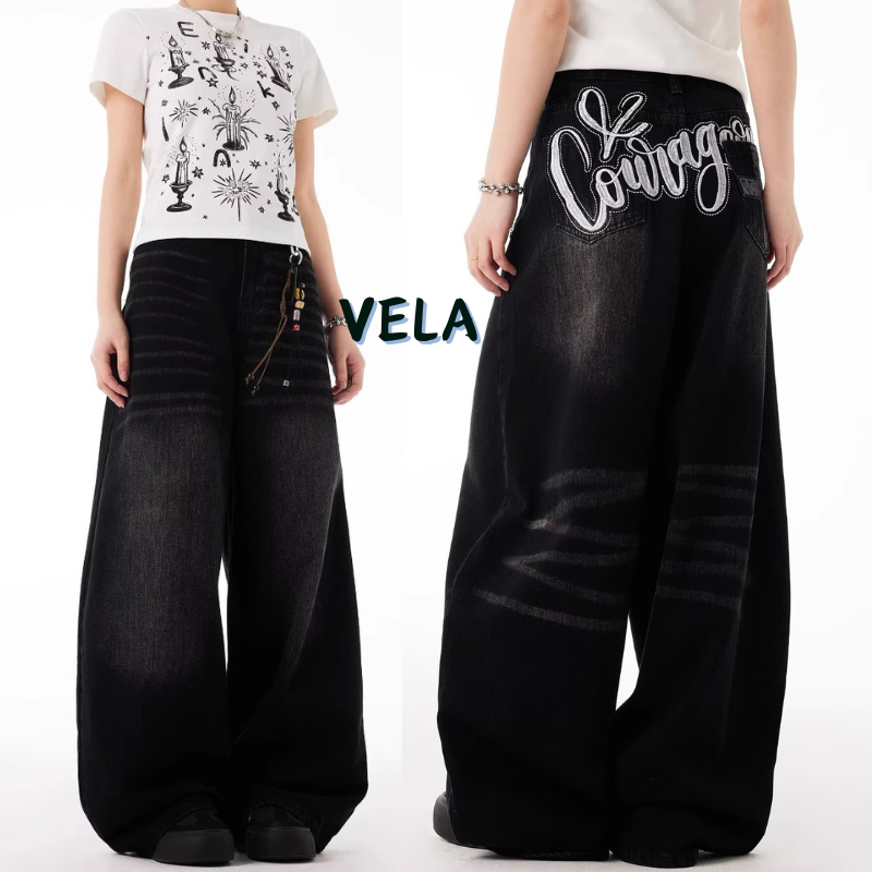 VELA-กางเกงยีนส์ผู้ชาย ปักสีดำทรงหลวม ย้อนยุคอเมริกัน เอวสูงและขากว้าง baggy jeans