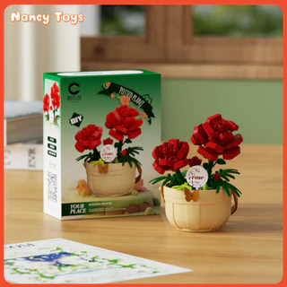 🌺🌻ตัวต่อดอกไม้ 9 ชิ้น พร้อมกระถาง กุหลาบ ทานตะวัน ทิวลิป DIY 9cm 189pcs ของเล่นเด็ก ของขวัญ ชุดของขวัญวันแม่ <Nancy>