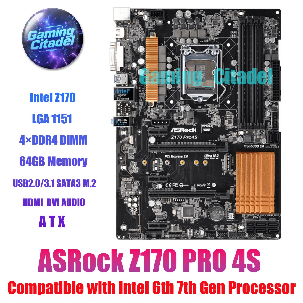 ใช้ ASRock Z170 Pro4S เมนบอร์ด ATX Intel Z170 LGA1151 DDR4 เข้ากันได้กับโปรเซสเซอร์ Intel 6th 7th Ge