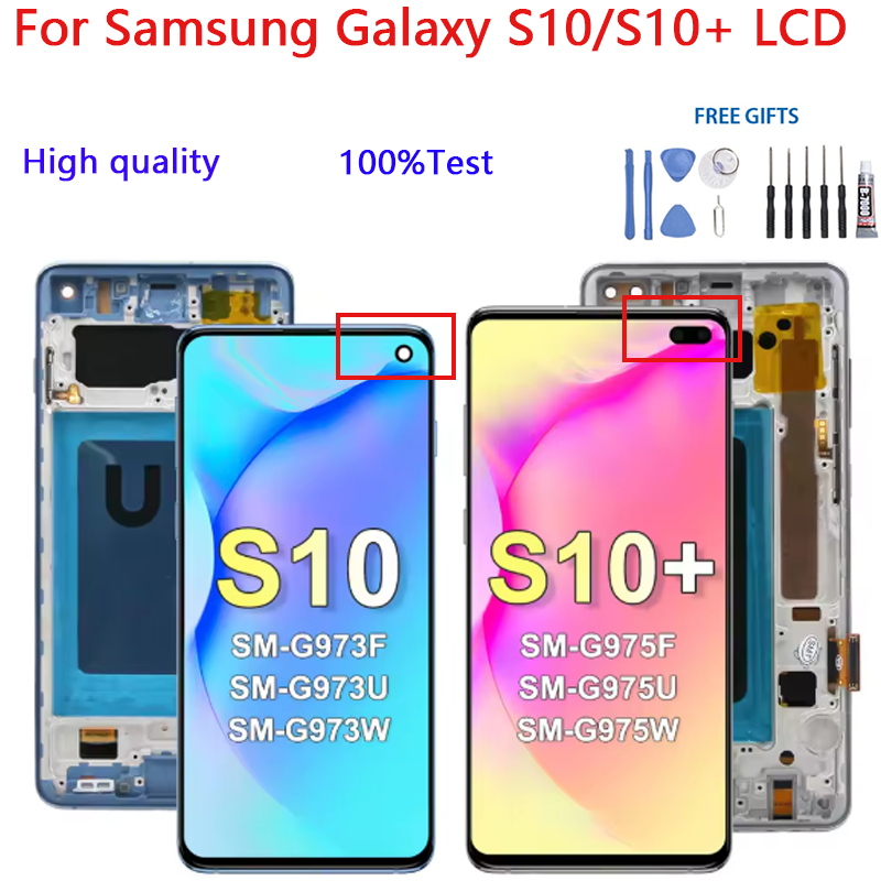 กรอบสําหรับ Samsung Galaxy S10 Plus S10+ G975 G975F จอแสดงผล Lcd หน้าจอสัมผัสดิจิตอลสําหรับ Samsung Galaxy S10 G973F Assembly