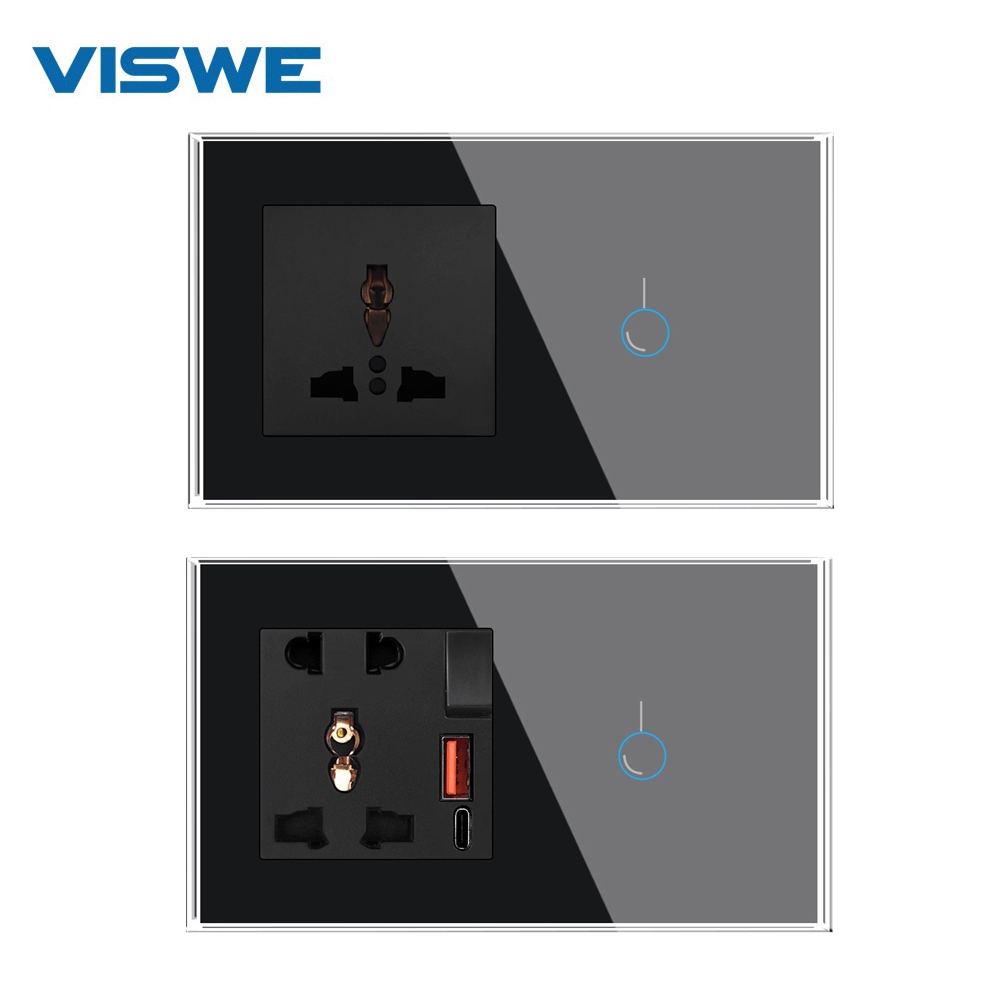 VISWE สวิตช์สัมผัสและกด พร้อมซ็อกเก็ต สีดำ กระจกนิรภัย ซีรีย์ 147A6