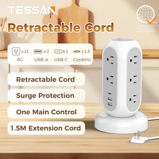 TESSAN Surge Protector Flat Plug Tower Power Strip Extension Retractable Cord with USB+TypeC, Outlet