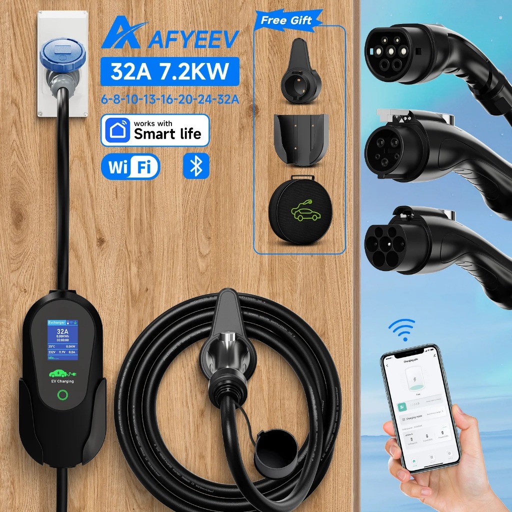 AFYEEV 7.2KW 32A แบบพกพา Type2 IEC62196-2 ไฟฟ้ารถ Charger Type1 SAE J1772 EV Charger 3.5 M GBT EVSE 