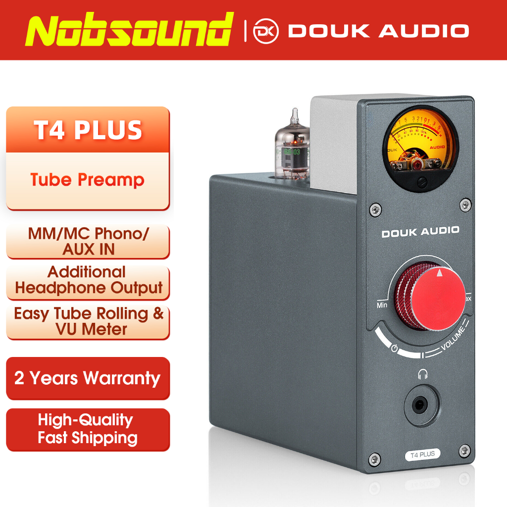 Douk Audio T4 PLUS 5654 พรีแอมป์โฟโน่ หลอดหมุนได้ พร้อมมิเตอร์ VU สําหรับหูฟังสเตอริโอ
