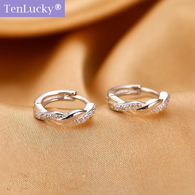 TenLucky Anti-Allergy S925 925 เข็มเงินที่ละเอียดอ่อน Twisted Zircon ต่างหูสําหรับสาว Cool Elegant วงกลม Hoop ต่างหูแฟชั่นเครื่องประดับสวมใส่ทุกวัน Raya ของขวัญ