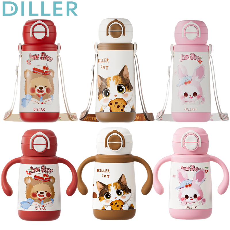 Diller Thermos ขวดน้ําสายรัดฟาง SUS316 Stainelss เหล็ก BPA ฟรีสําหรับเด็กนักเรียน 350/410ml D9448 D9449