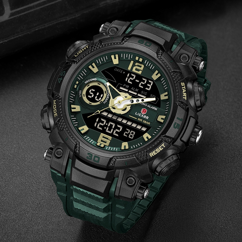 LICARR แฟชั่นชั้นนํานาฬิกาผู้ชายกีฬากันน้ํานาฬิกาปลุกกันกระแทกจอแสดงผลคู่นับถอยหลัง 9534