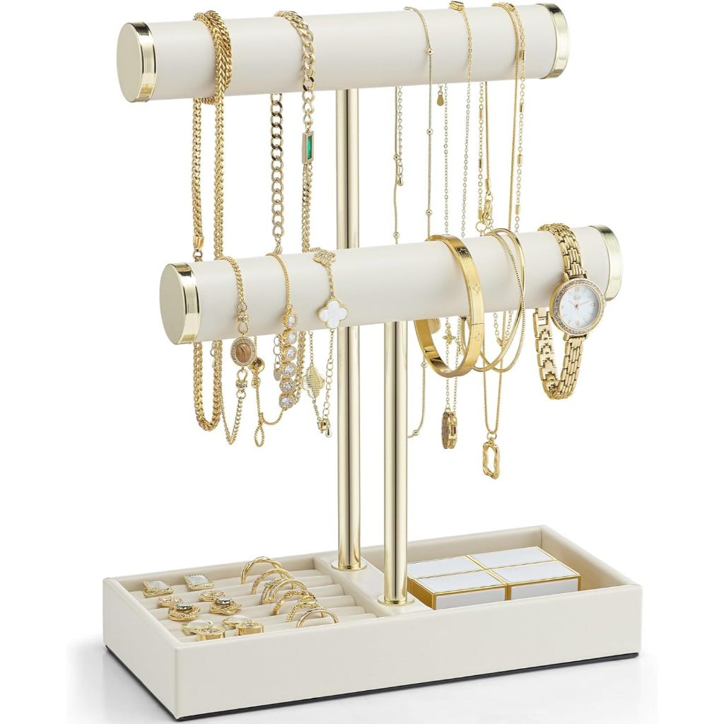 2 ชั้นสร้อยข้อมือผู้ถือถาดหนังเครื่องประดับขาตั้งสําหรับผู้หญิง Jewellery ผู้ถือสําหรับสร้อยคอ, นาฬิกา, แหวน, ต่างหู, กําไลข้อมือ, Scrunchie
