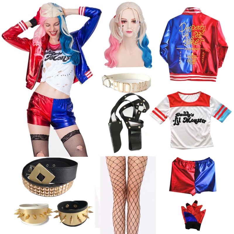 เสื้อแจ็กเก็ตคอสเพลย์ Harley Quinn Suicide Squad และกางเกงขาสั้น สําหรับผู้ใหญ่