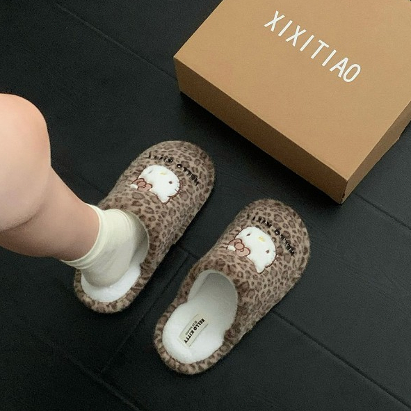 ฉี่ รองเท้าแตะผ้าฝ้ายเสือดาวพิมพ์ลูกแมวหญิงเฉพาะพื้นนุ่มนักเรียนบ้านฤดูหนาวที่อบอุ่น - รูปที่ 6