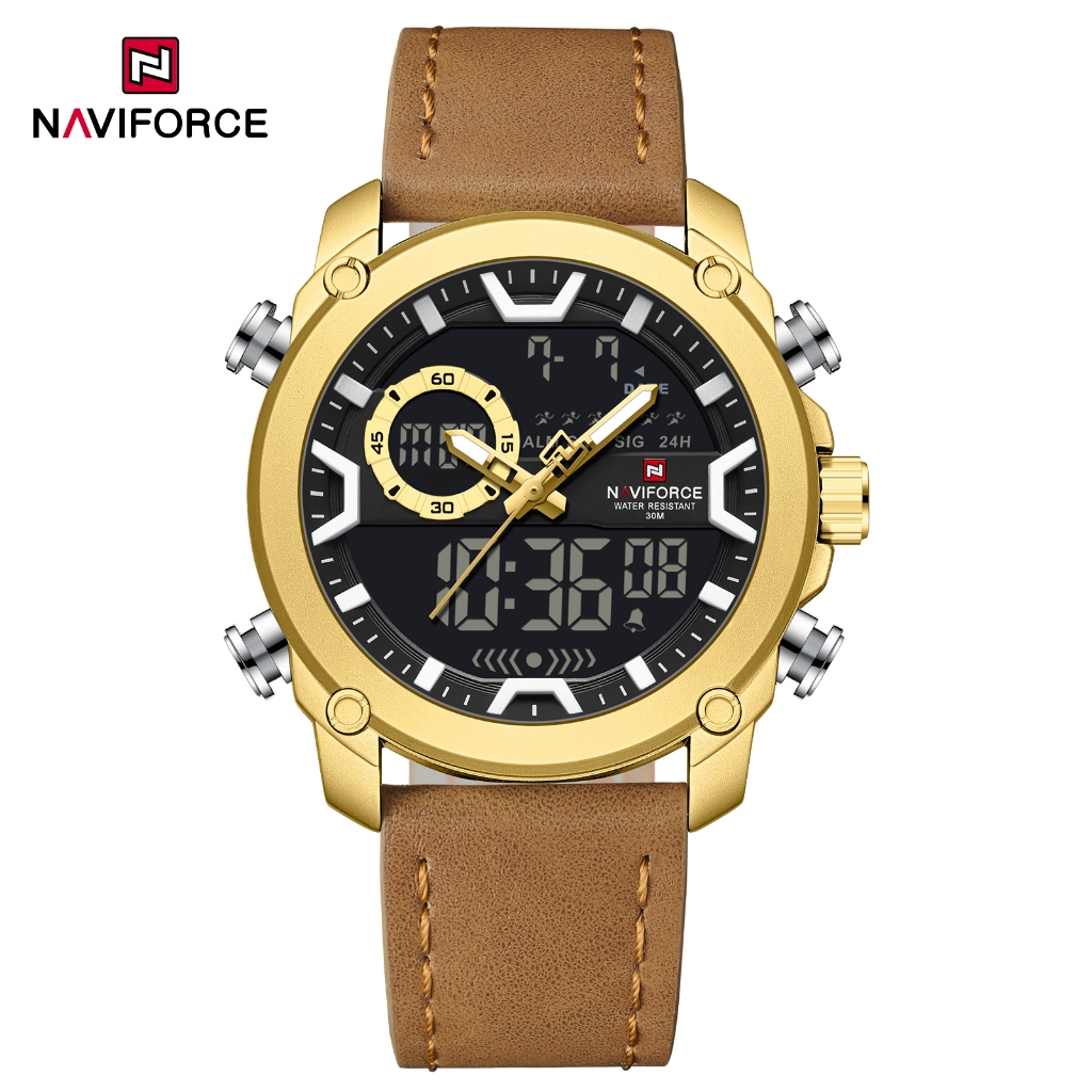 NAVIFORCE 9261 Dual-Display Movement Multi-Function สายหนังแท้นาฬิกาผู้ชาย