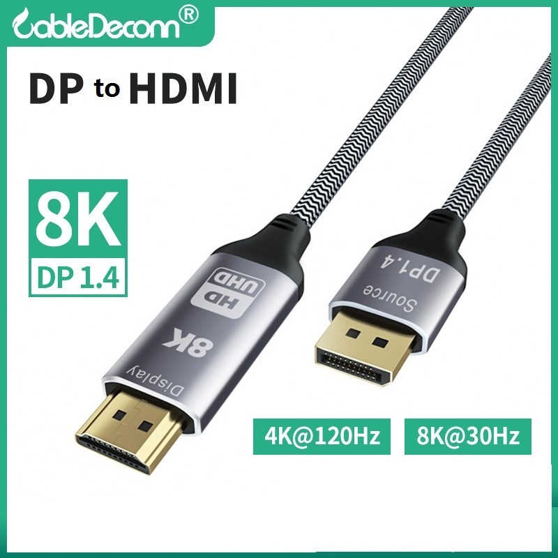 8K DisplayPort to HDMI Cable DP1.4 to HDMI 2.1 Adapter 8K @ 30Hz สายสัญญาณเสียงวิดีโอสําหรับแล็ปท็อป