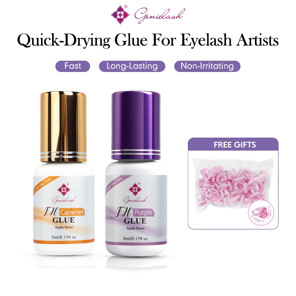 [สีม่วงและสีน้ําตาล]GENIELASH Lash กาวกลิ่นแอปเปิ้ลกลิ่นต่ํา 0.5-1 วินาทีกาวแห้งเร็วสําหรับต่อขนตาติดทนนาน 50 ถึง 60 วัน Grafting Lashes กาว 5ml