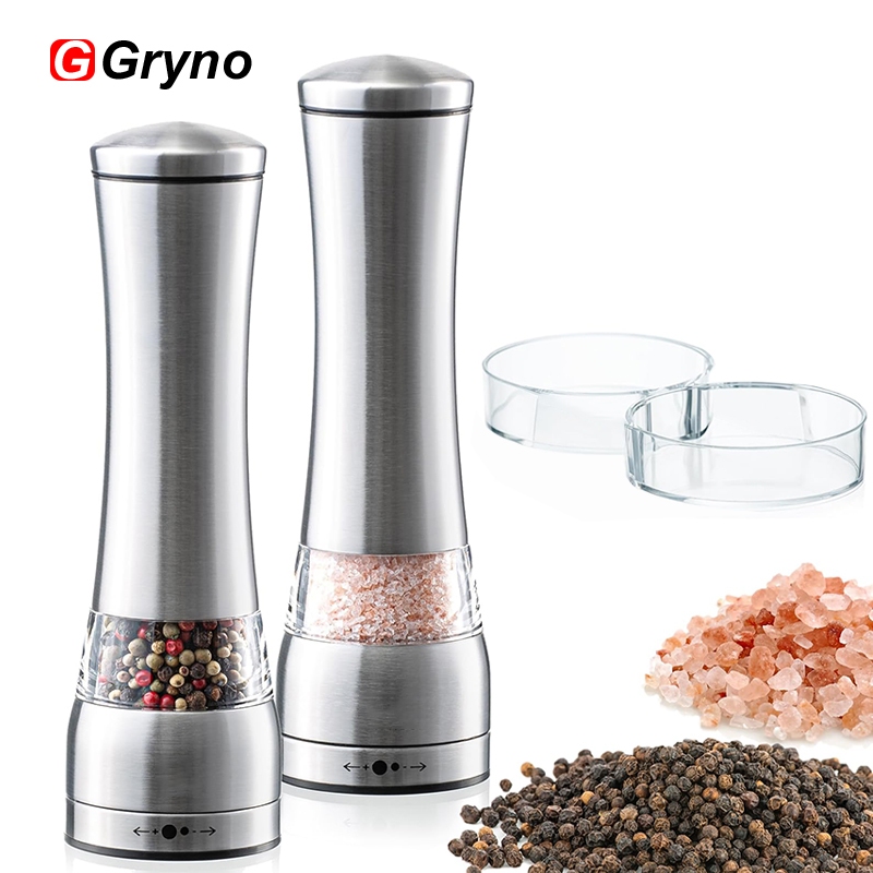 Gryno เครื่องบดเกลือและพริกไทย,เครื่องบดพริกไทยสแตนเลสแบบแมนนวลพร้อมถาด,ความหยาบที่ปรับได้,สําหรับห้องครัว